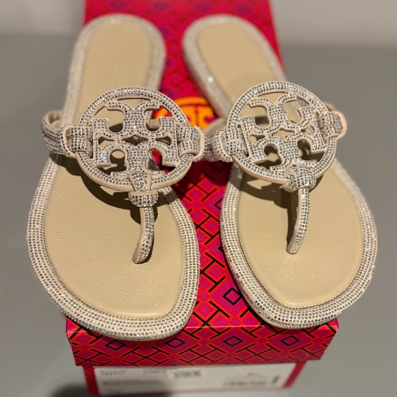 Tory Burch Miller Knotted Pavé Sandals 8.5 Stone Gray Crystal - Picture 8 of 10
